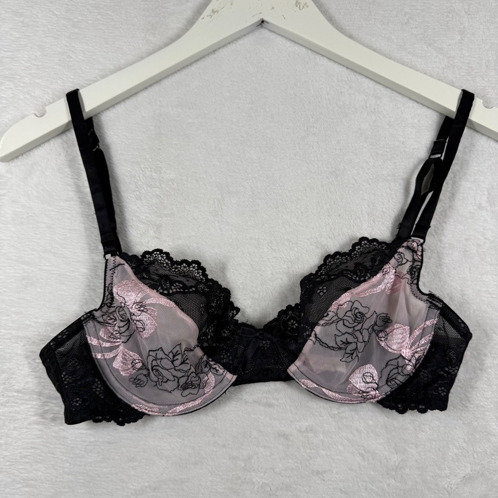Jezebel Womens Black Pink Floral Embroidered Lace Underwire Demi Bra 34B 18073